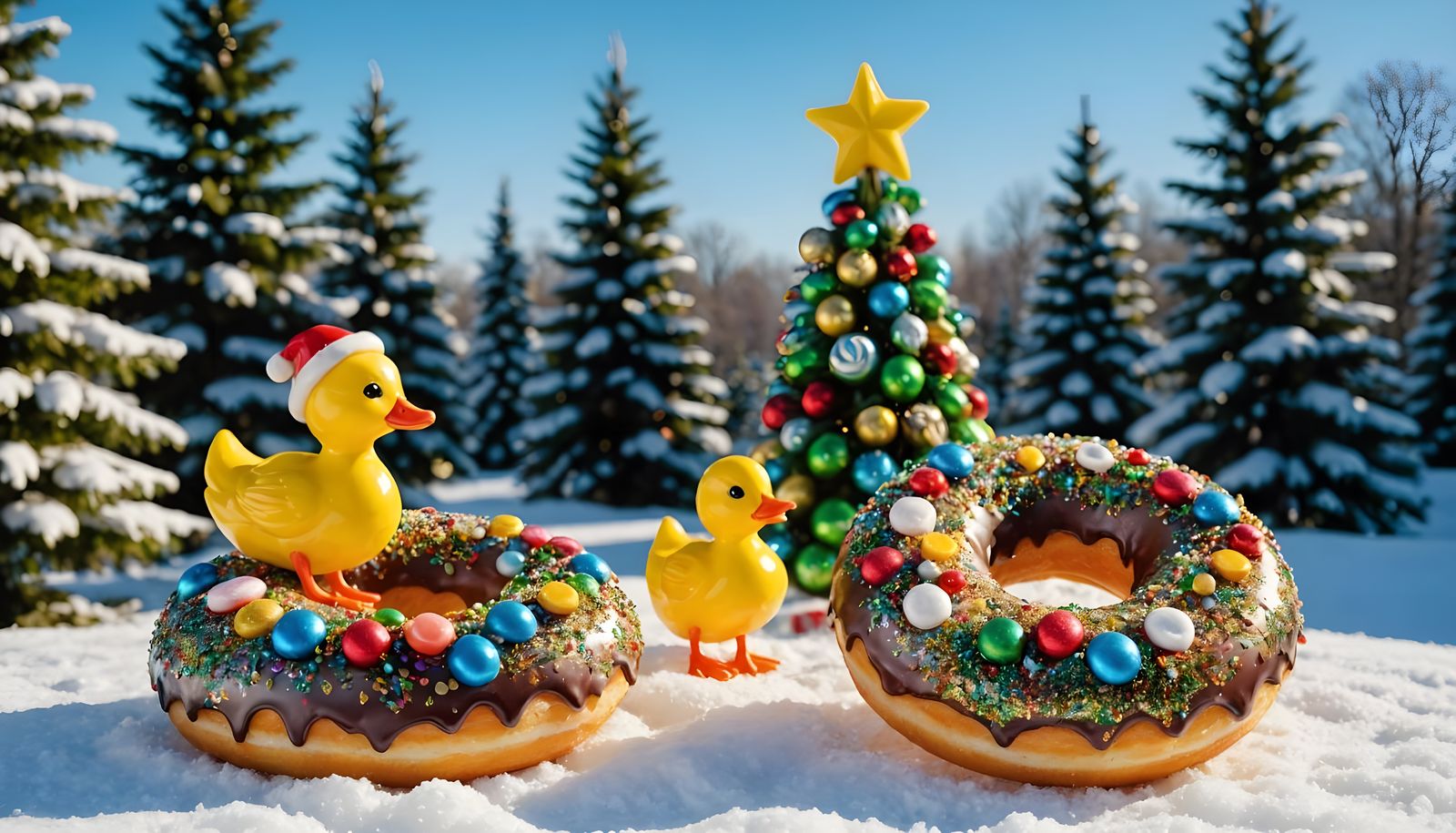 Festive Christmas Donuts Glass Sculpture with Duckling