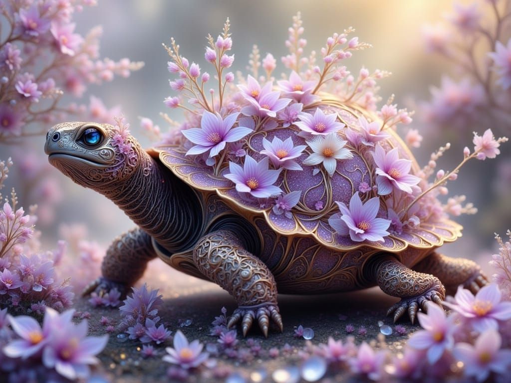 Floral Turtle with Gemstones in Fractal Lace Style