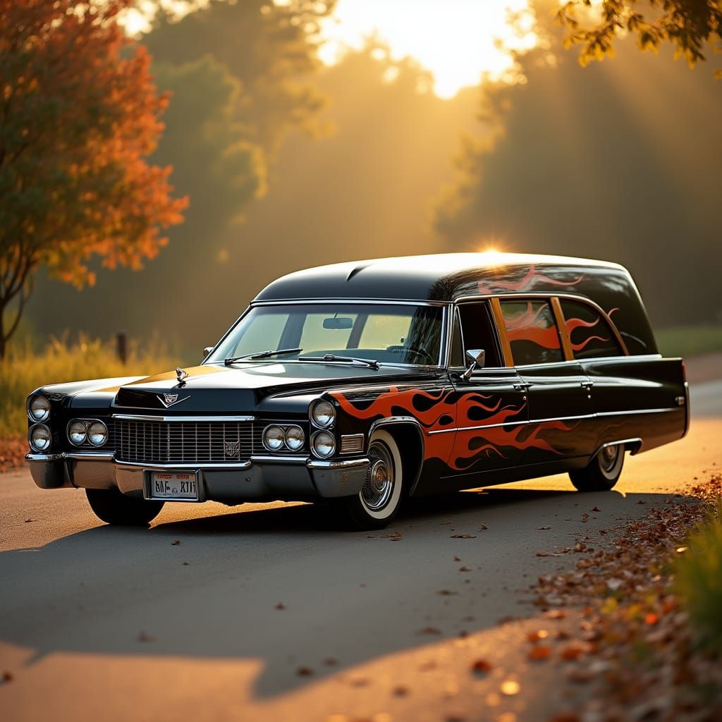 Vintage Cadillac Hearse with Flames in Hot Rod Style