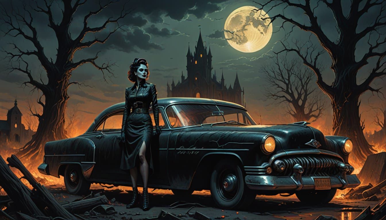 Dark Gothic Goddess in Retro Hot Rod Graveyard Scene