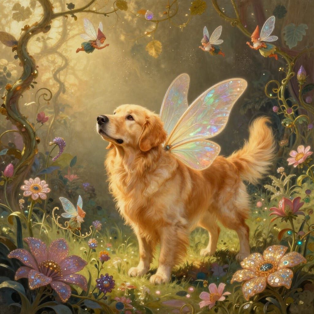 Golden Retriever With Fairy Wings in Enchanted Garden