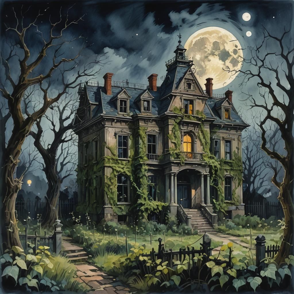 Graveyard Mansion in Gouache Style