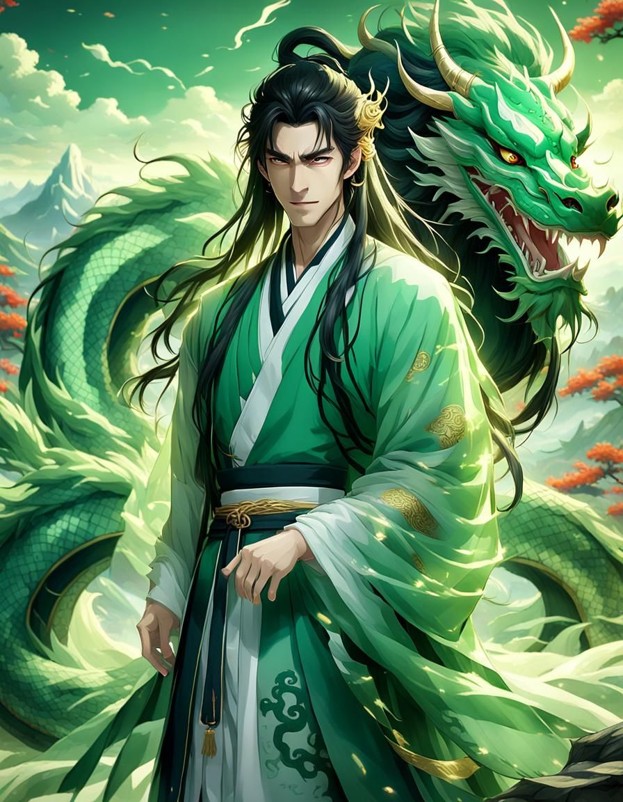 Jade Dragon and Hanfu Man in Anime Style