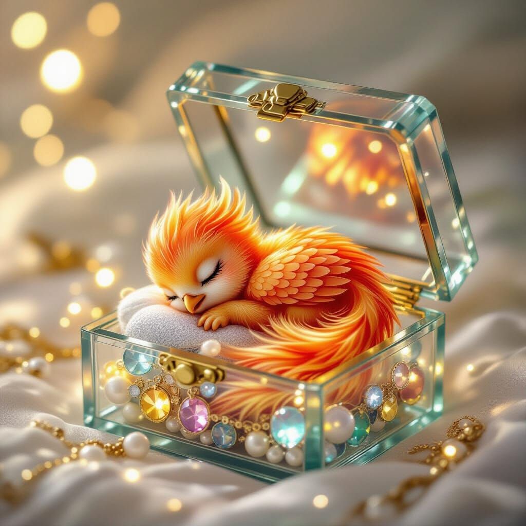 Miniature Phoenix Asleep in Jeweled Glass Box