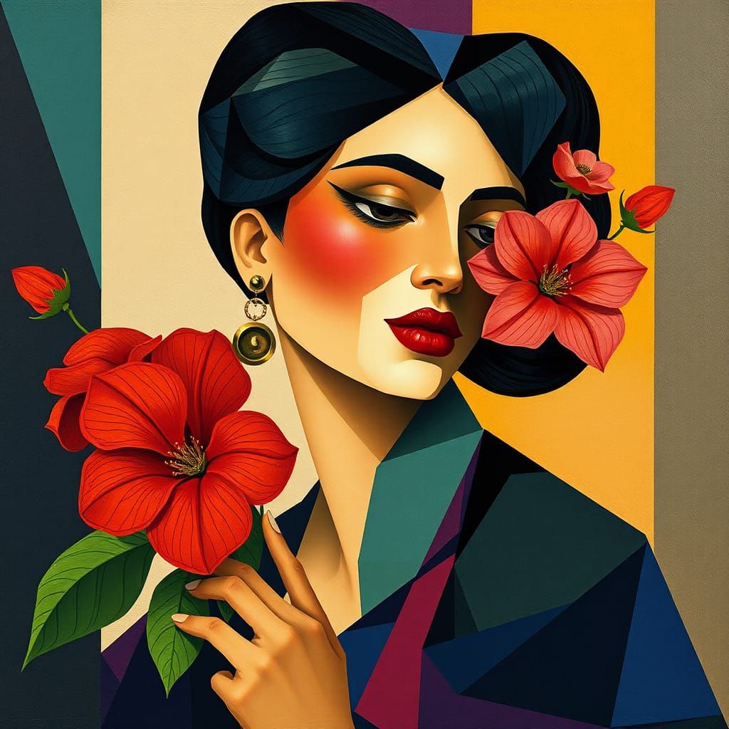 Woman with Flowers in Cubist Expressionist Style