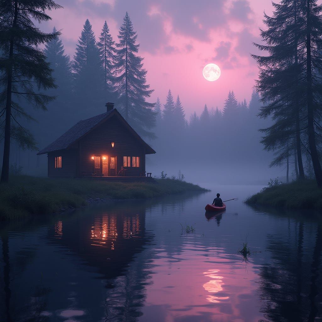 Lake House in Dark Fantasy Landscape with Vibrant Colors