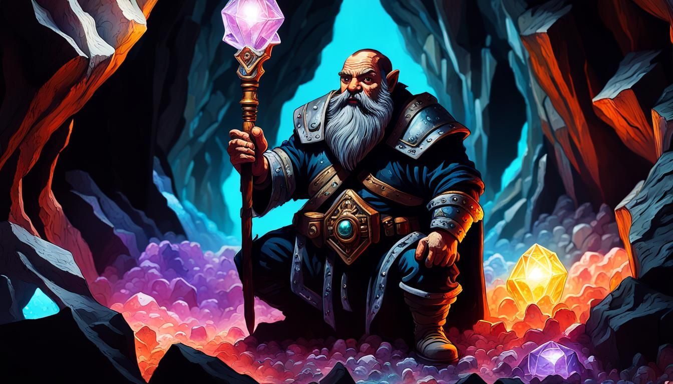 Fantasy Dwarf in Sparkling Crystal Mine: Graffiti Art