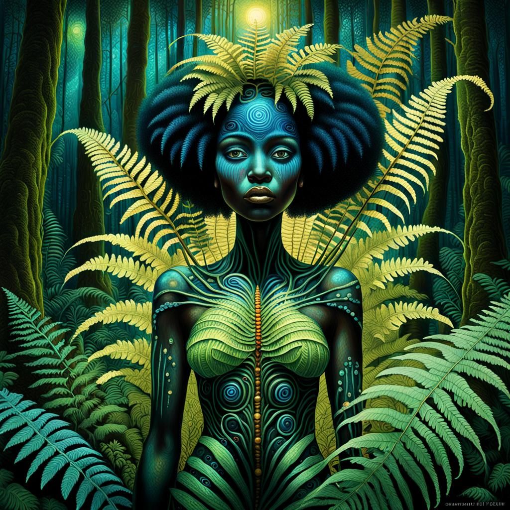 Bioluminescent Woman Merges with Biomechanical Forest