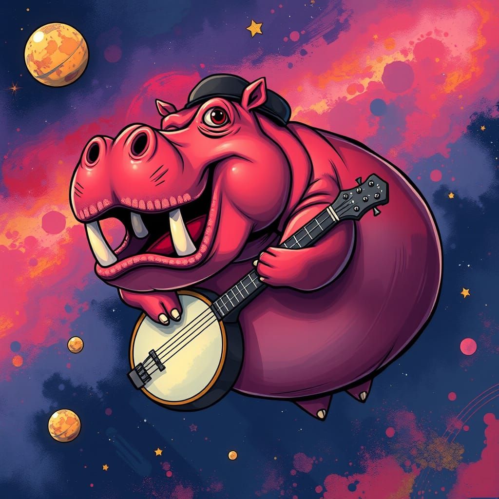 Cosmic Hippo Banjo Virtuoso in Vibrant Space