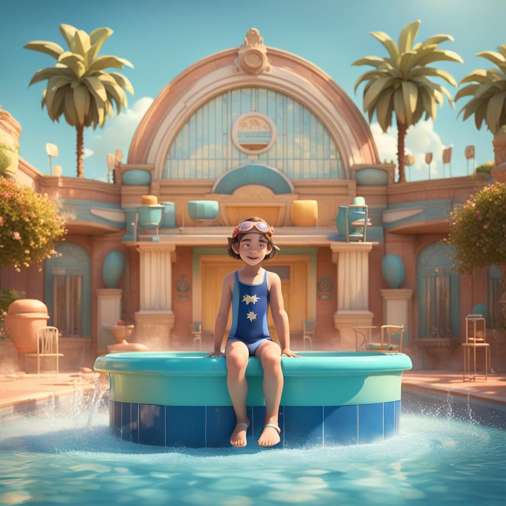 Art Deco Swimming Pool in Pixar Style