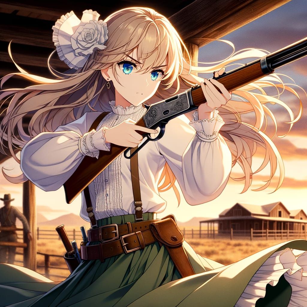 Anime Cowgirl with Rifle in Western Scene