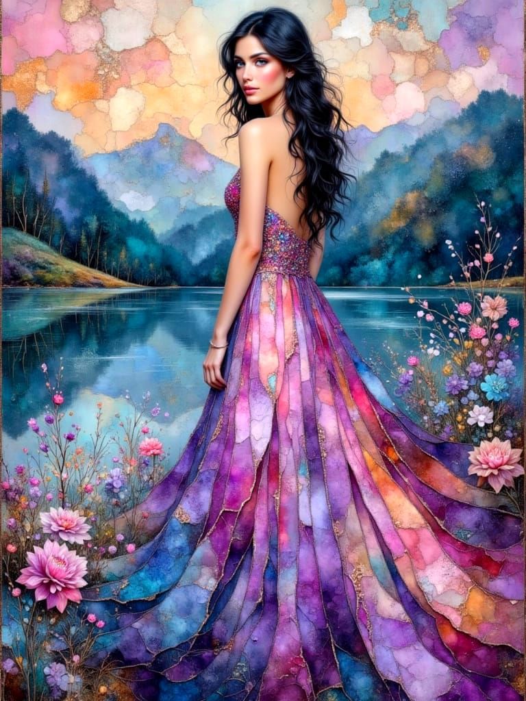Ethereal Woman in Colorful Dress Amidst Majestic Landscape