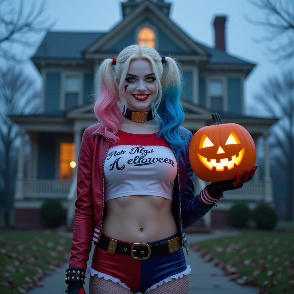 Harley Quinn in Halloween Costume at Haunted House