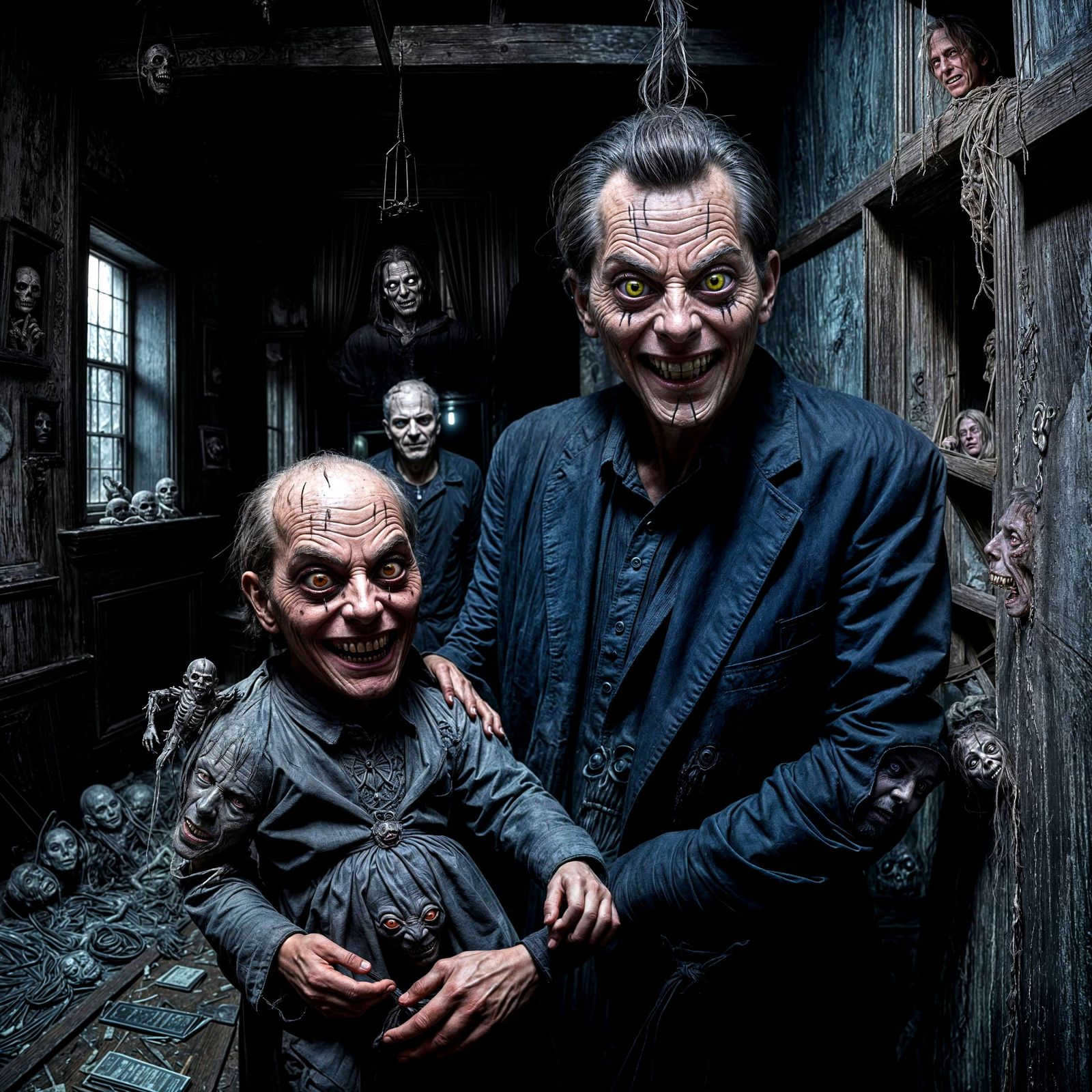 Eerie Man with Puppet in Macabre Setting