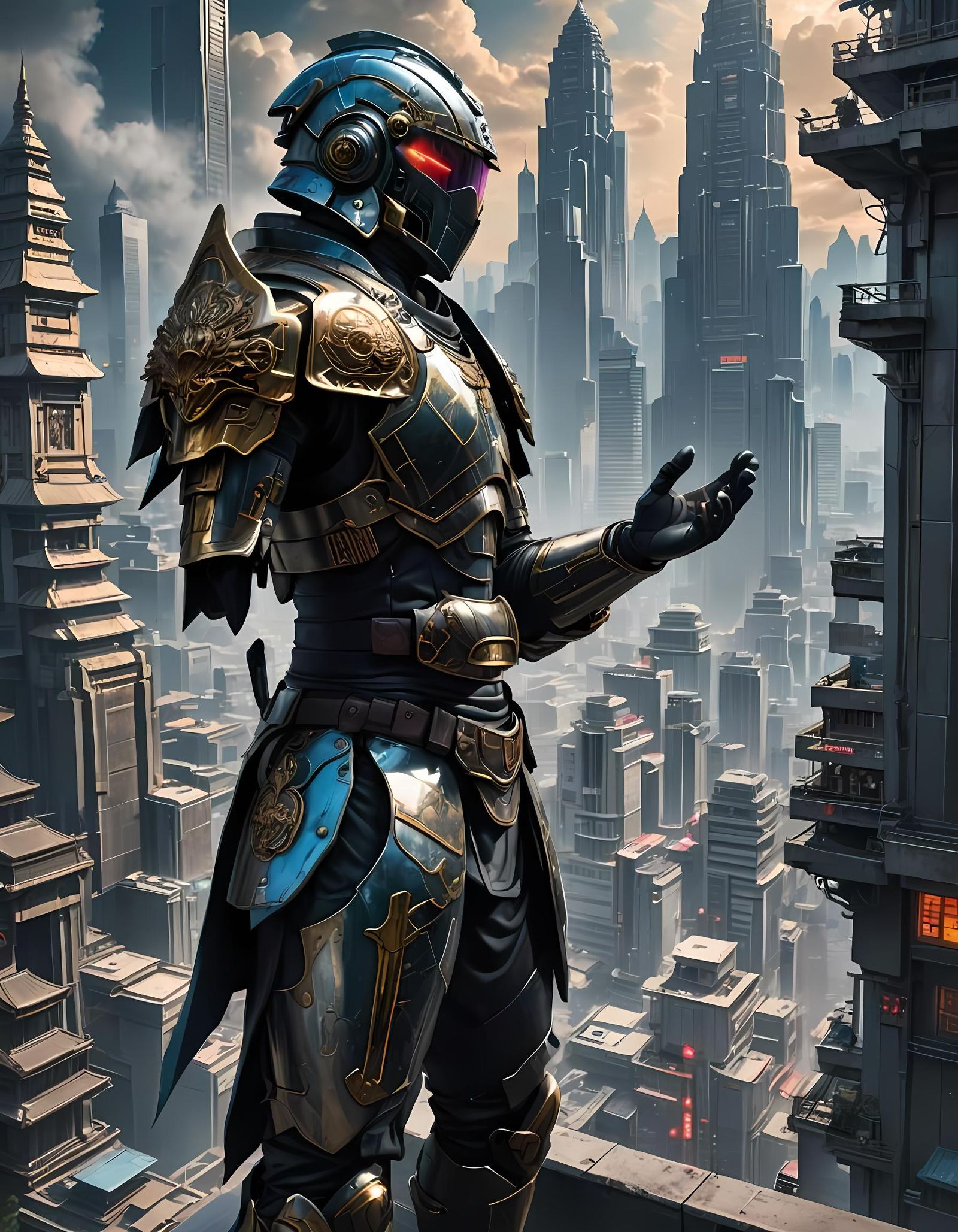 Cyberpunk Armored Man Balcony Prayer