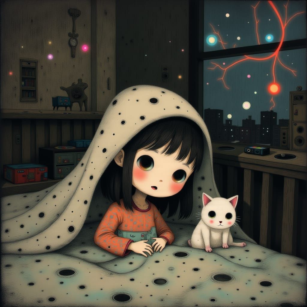 Girl and Kitten Hiding During Storm, Illustrative Style