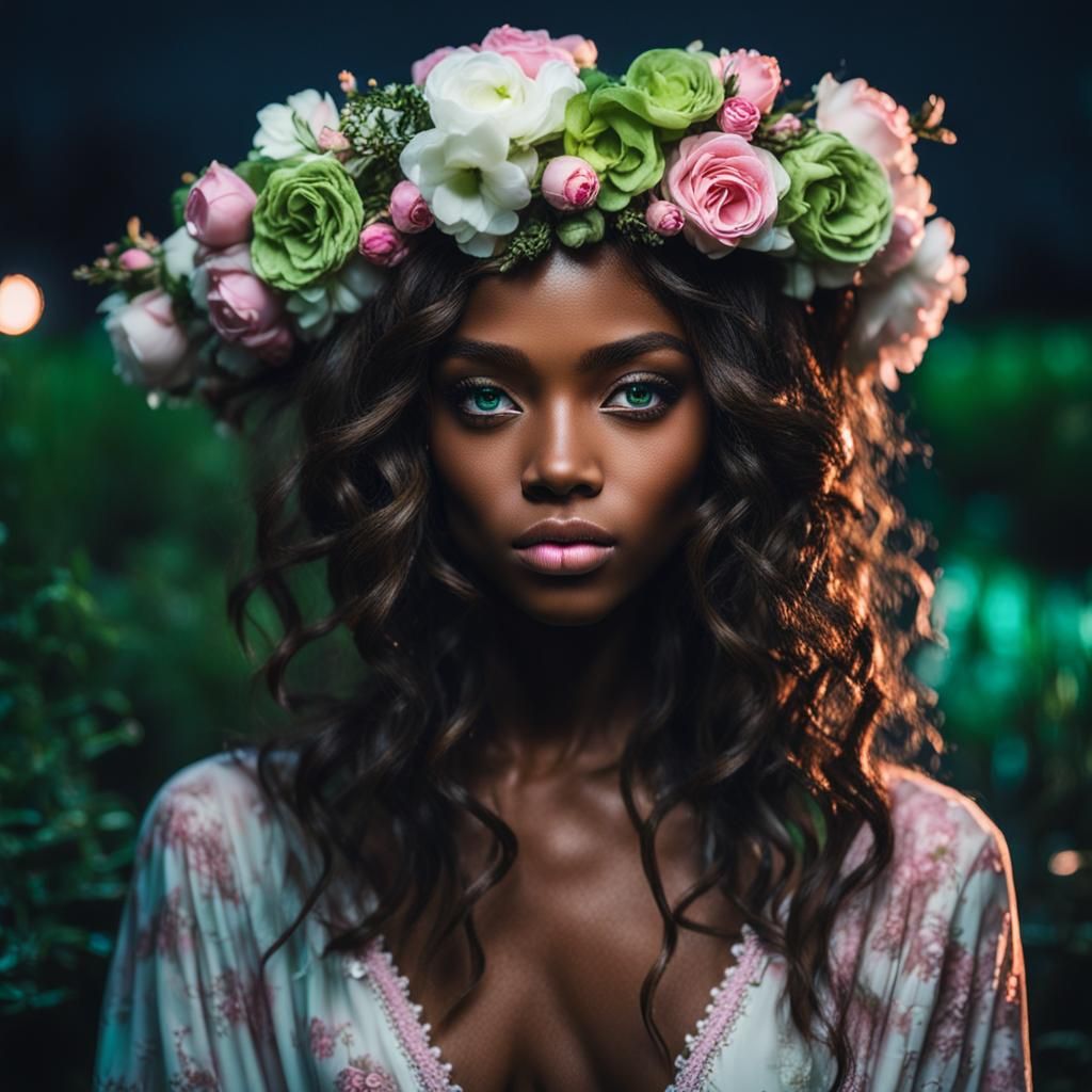 instagram model, african-american girl model, brown hair, clear green eyes with darker mysterious background, pink and w...