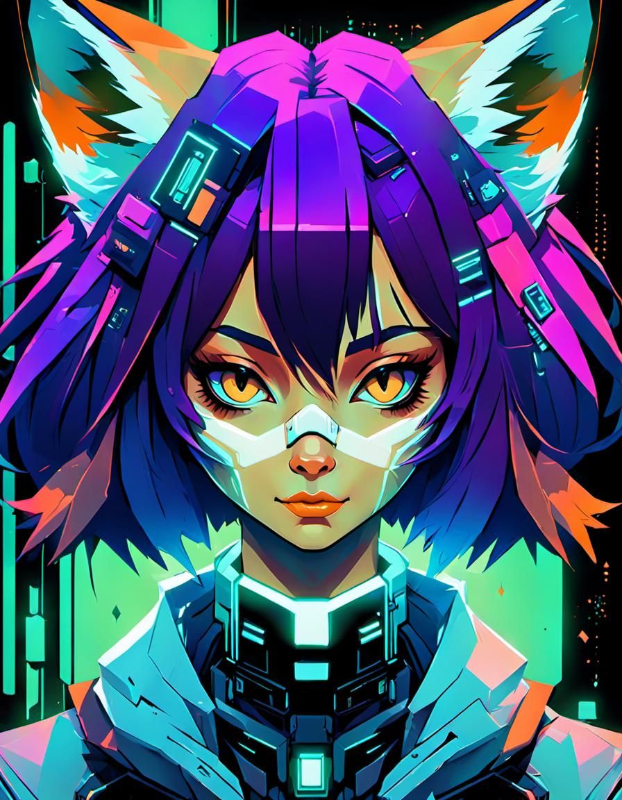 Cyberpunk Fox Girl Portrait in Vector Art Style