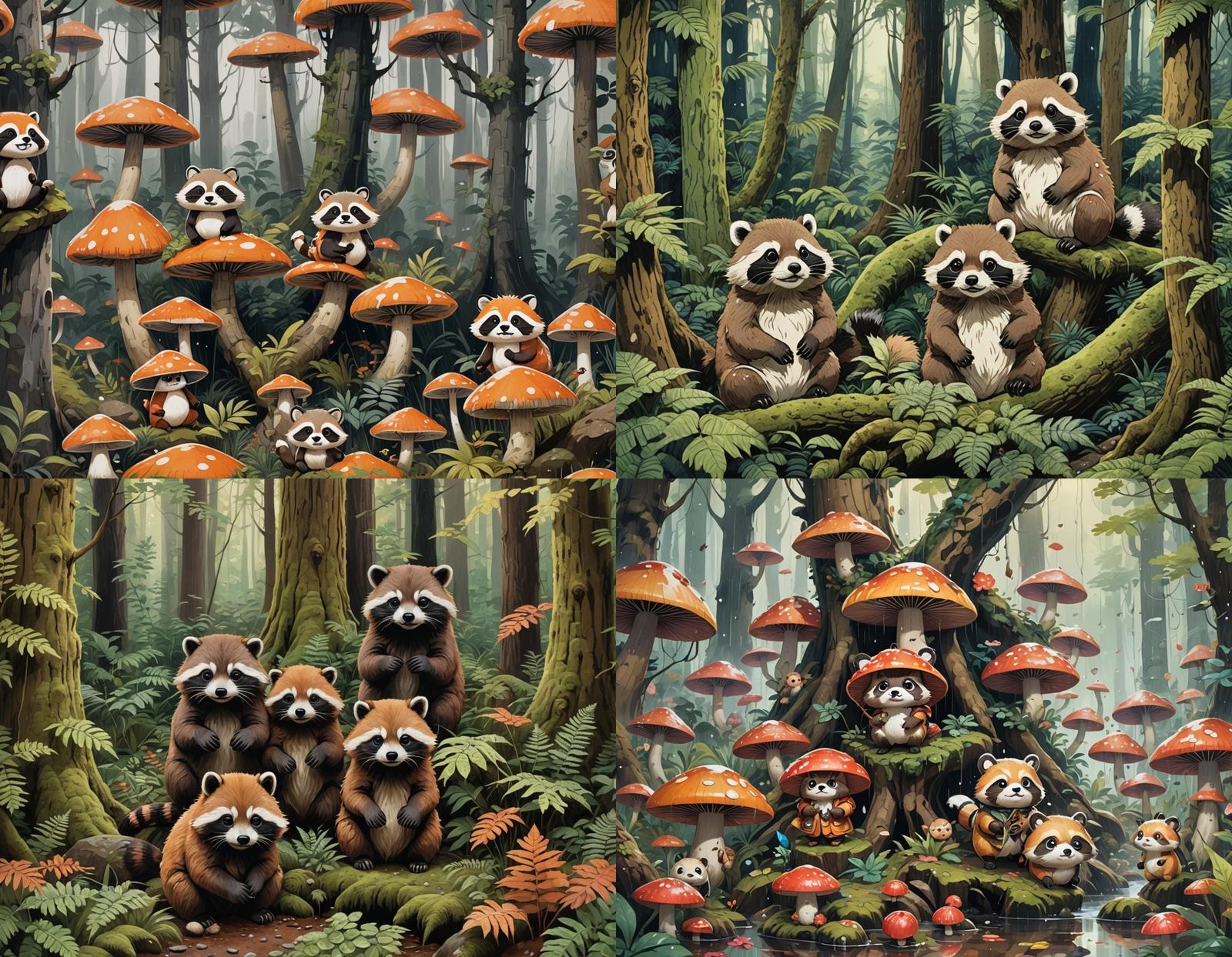 Cartoon Tanuki Play Hide and Seek: Oil and Ink Painting