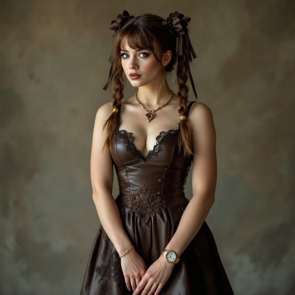 Woman in Mushroom Leather Dress with Ribbons and Pigtails