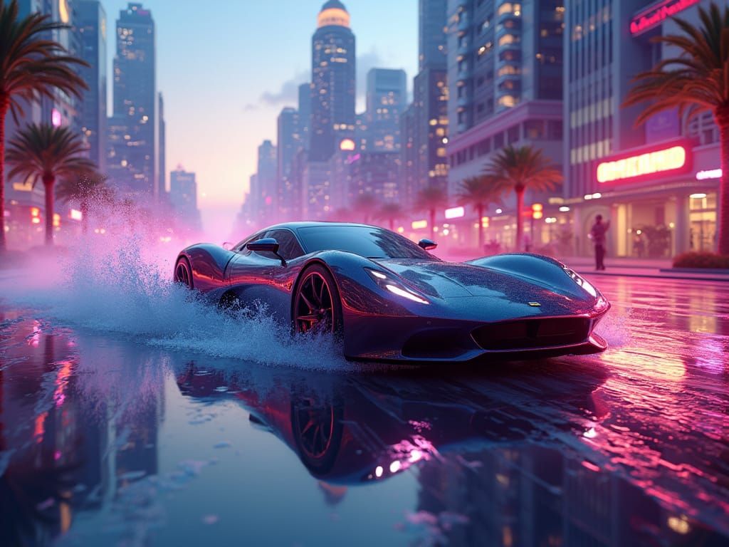 Sleek Futuristic Car Speeds Through Neon Cityscape in High-T...