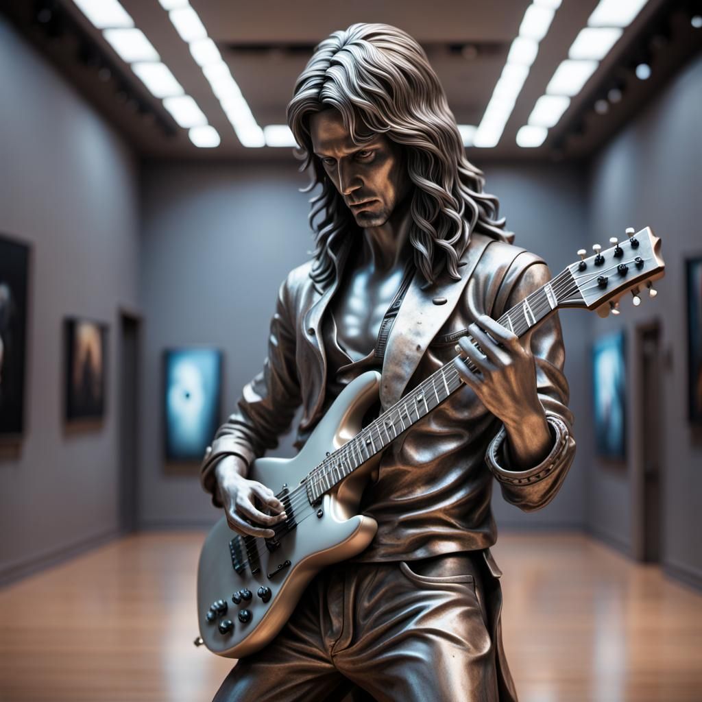 Worn Metal Guitarist Statue in Museum, Digital Art