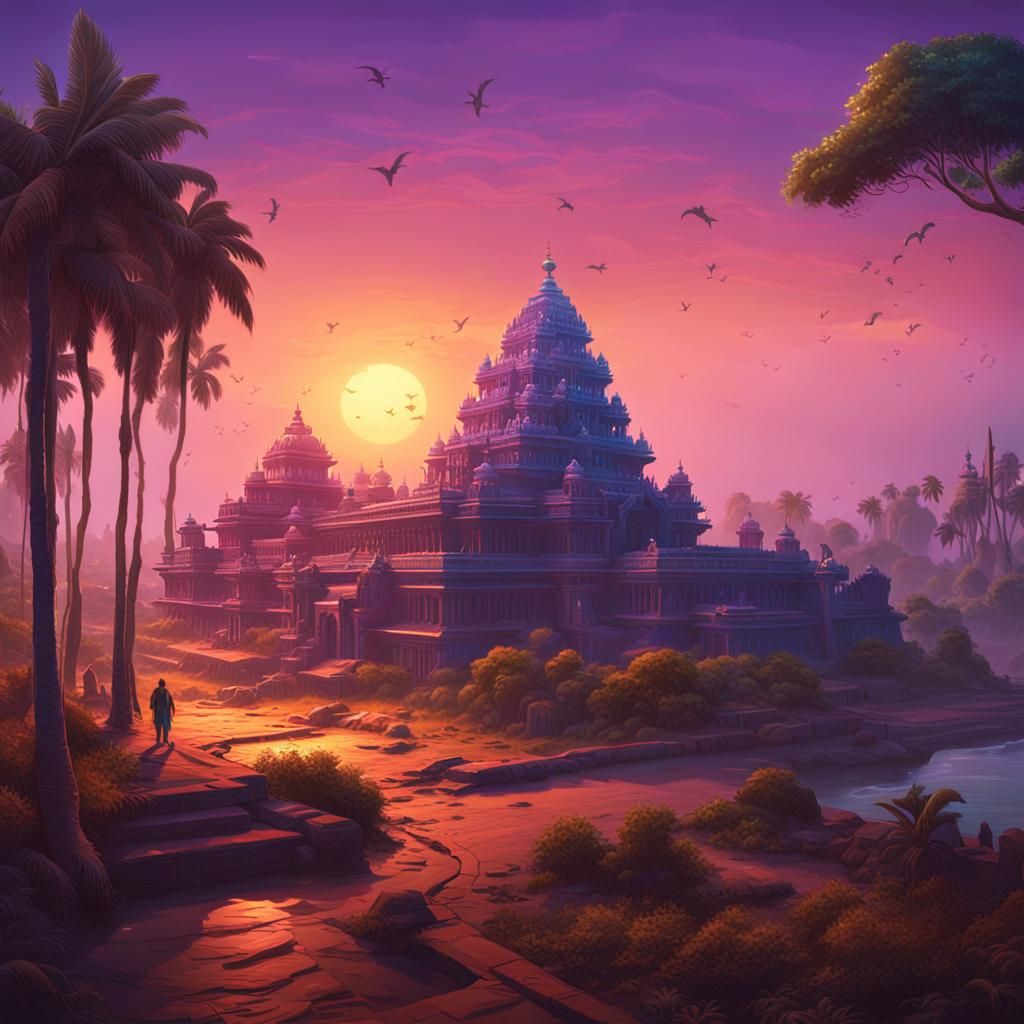 Puri Coastal City Sunset: Ornate Fantasy Architecture