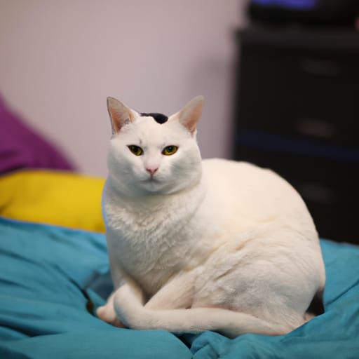 Chubby White Cat with Yellow Eyes Sitting on Bed
