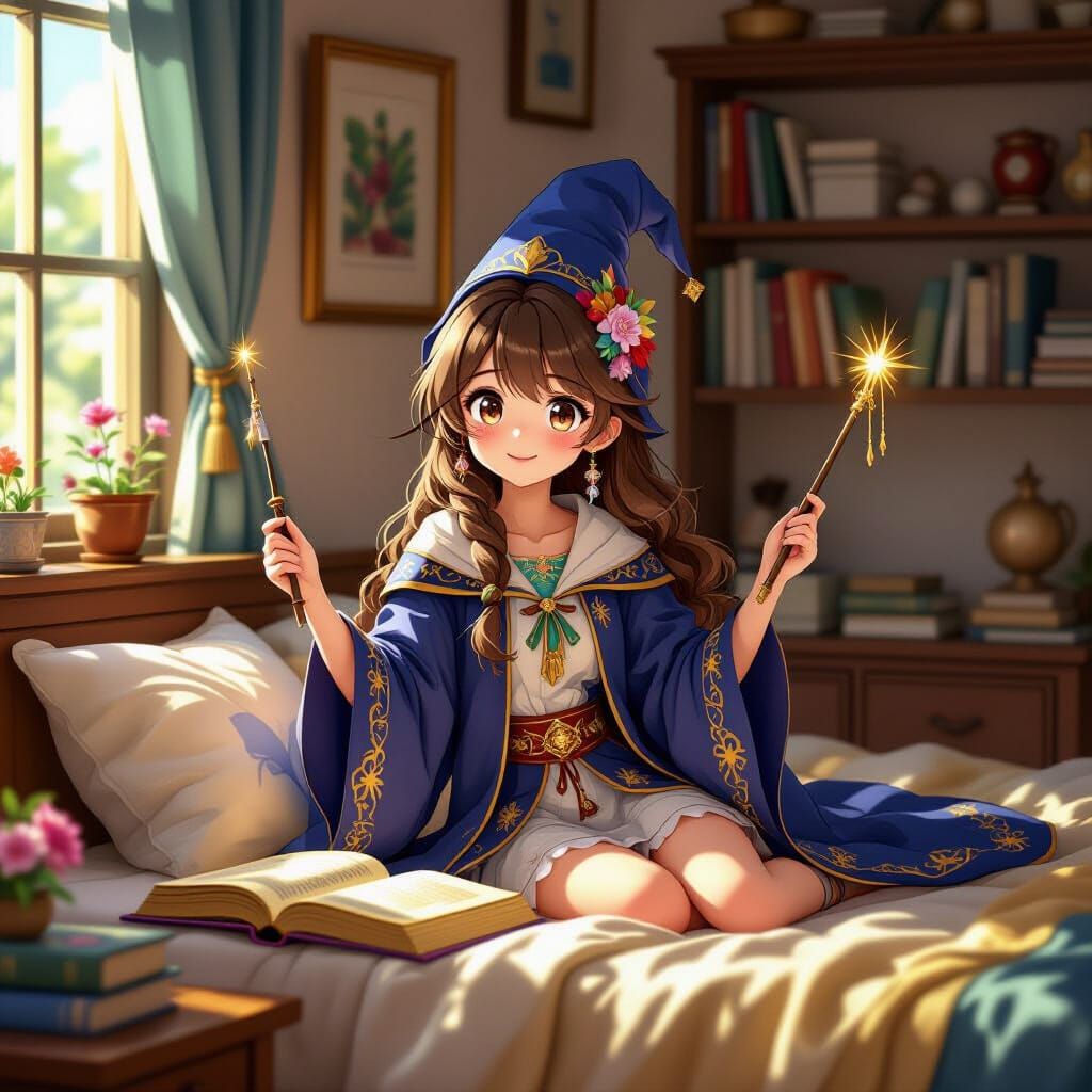 Sorceress Dasha Wakes in Tidy Room with Ancient Greece Book