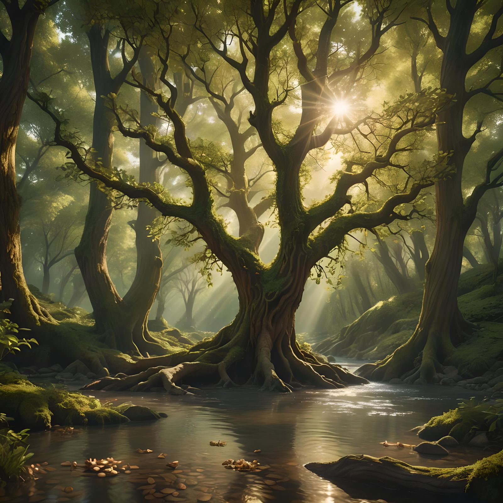 Hazelnut Tree in Woodland River: Detailed Matte Painting