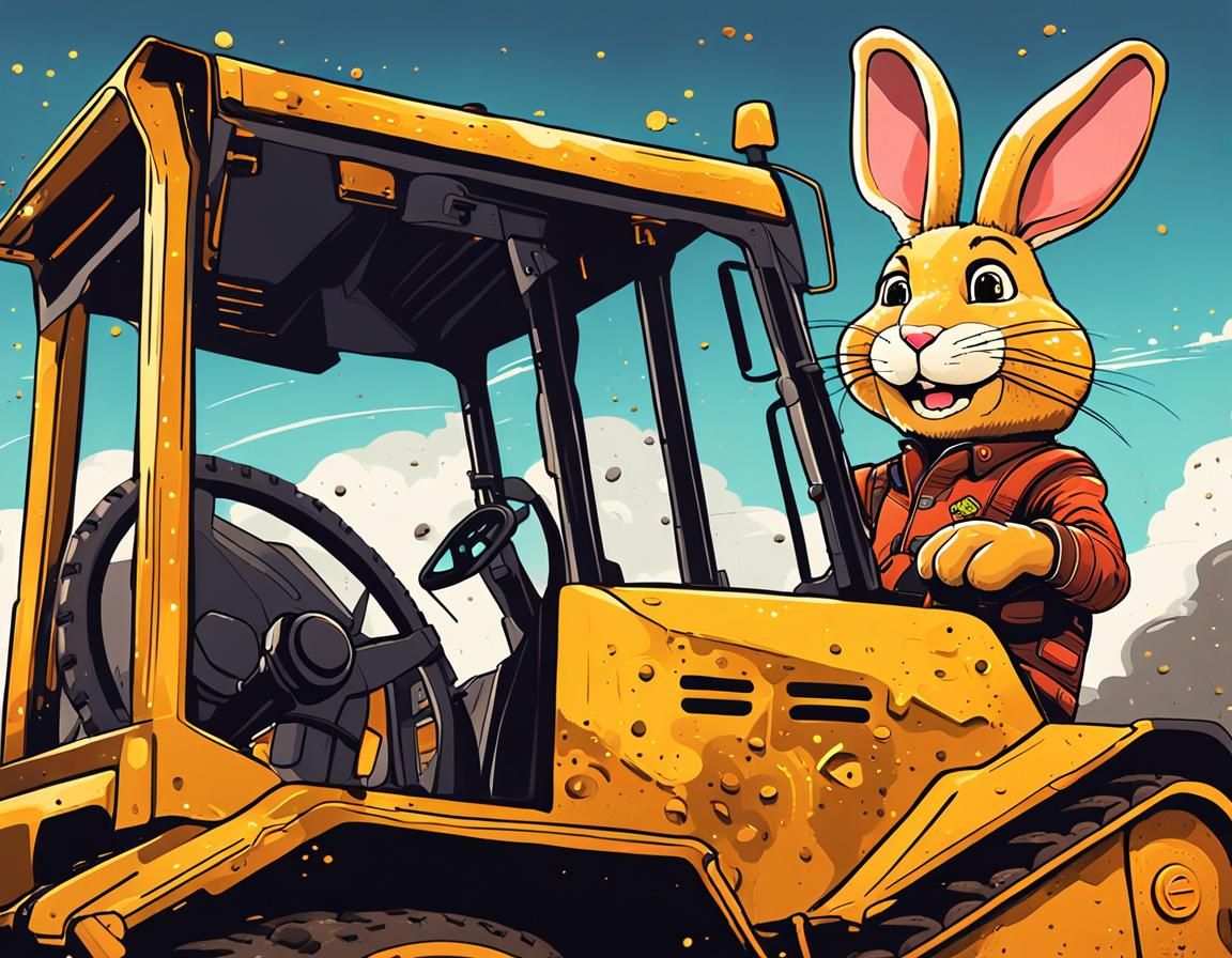 Anthropomorphic Bunny Driving a Bulldozer: Digital Art