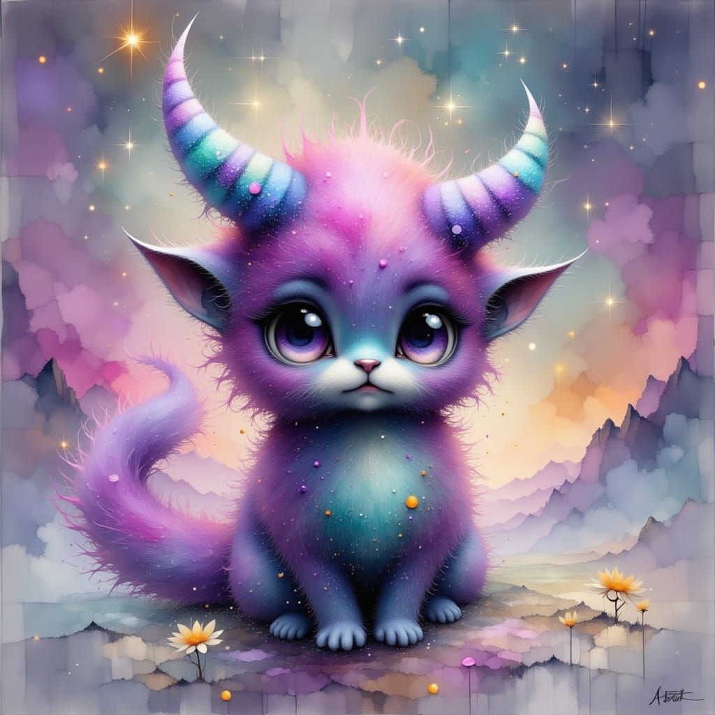 Cute Fuzzy Creature with Glitter Horns