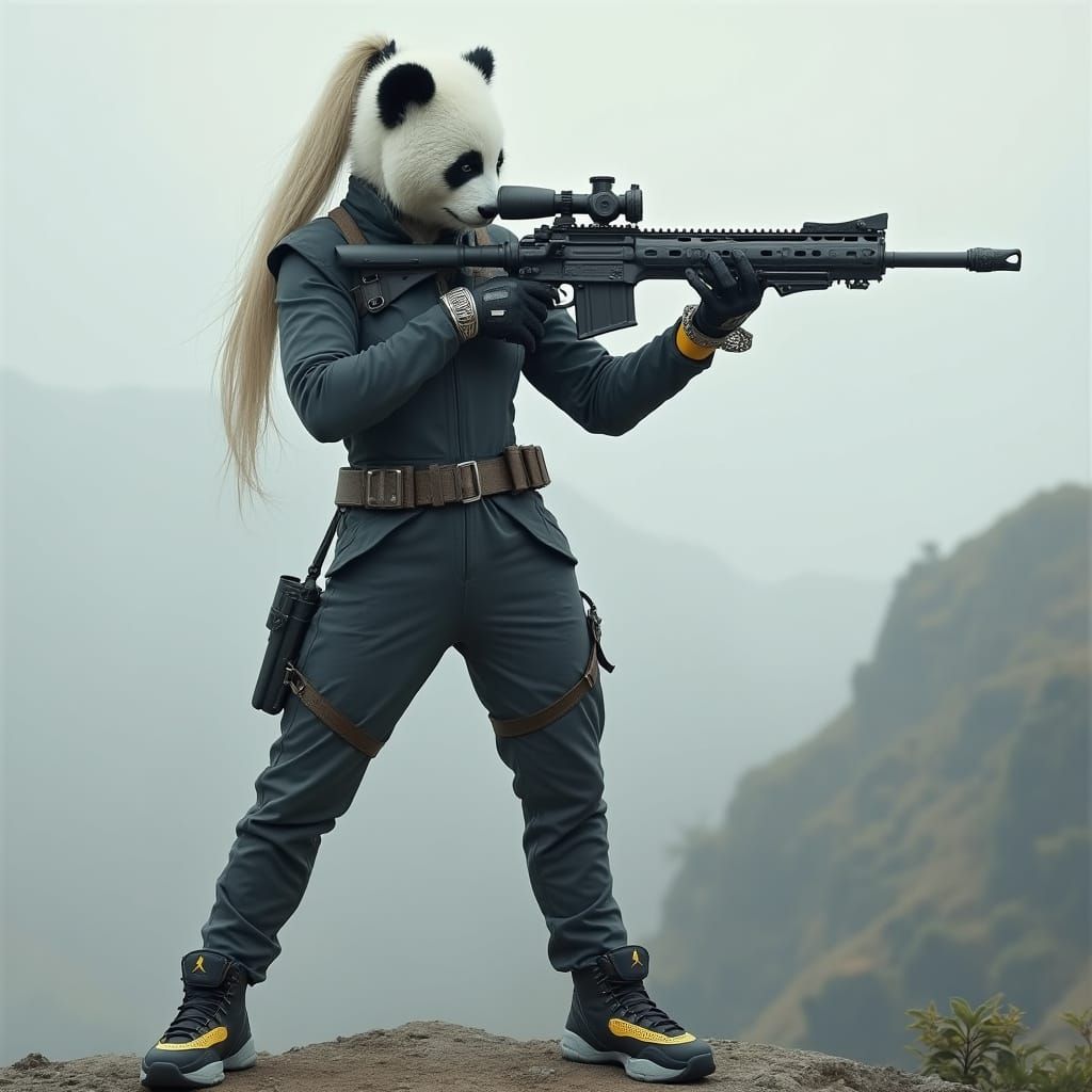 Fantasy Warrior with Panda Features and Sniper Rifle in Real...
