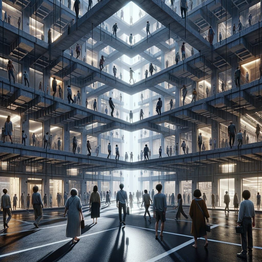 Complex Urban Labyrinth with Gravity-Defying Pedestrians