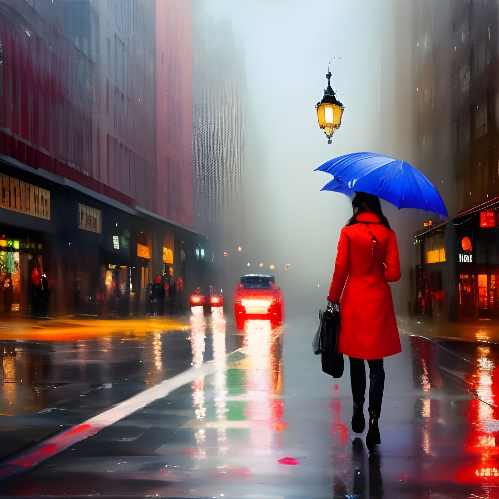 Girl with Red Umbrella in Rainy City, Gouache Style