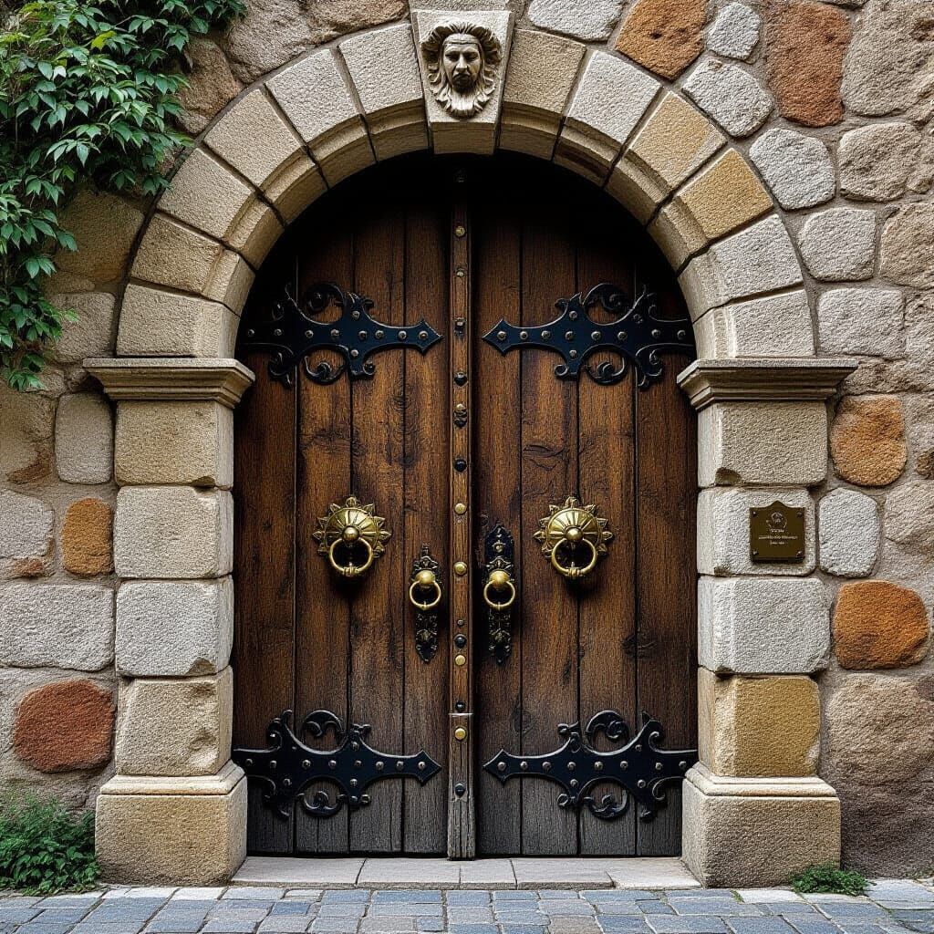 Weathered Wooden Door with Brass Knockers in Stone Archway