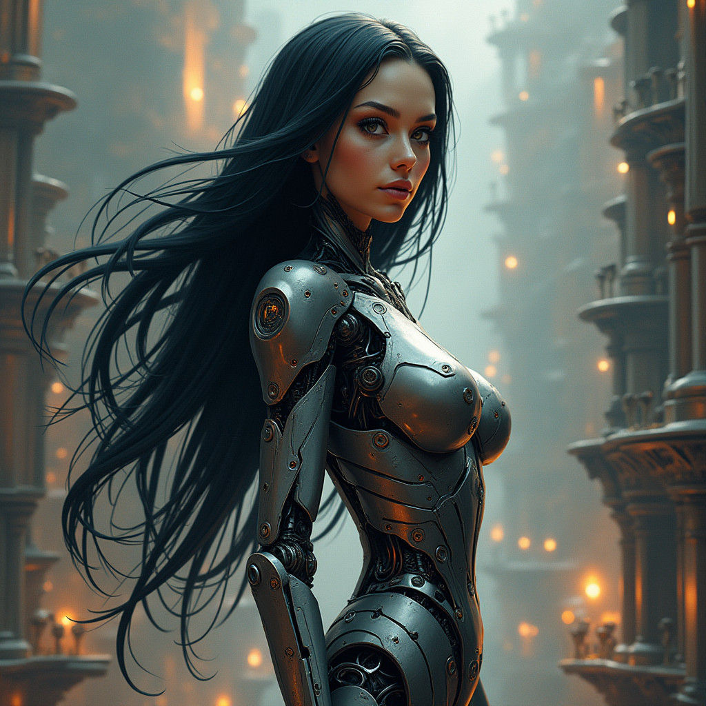 Cyborg Woman in Biomechanical Fantasy Cityscape