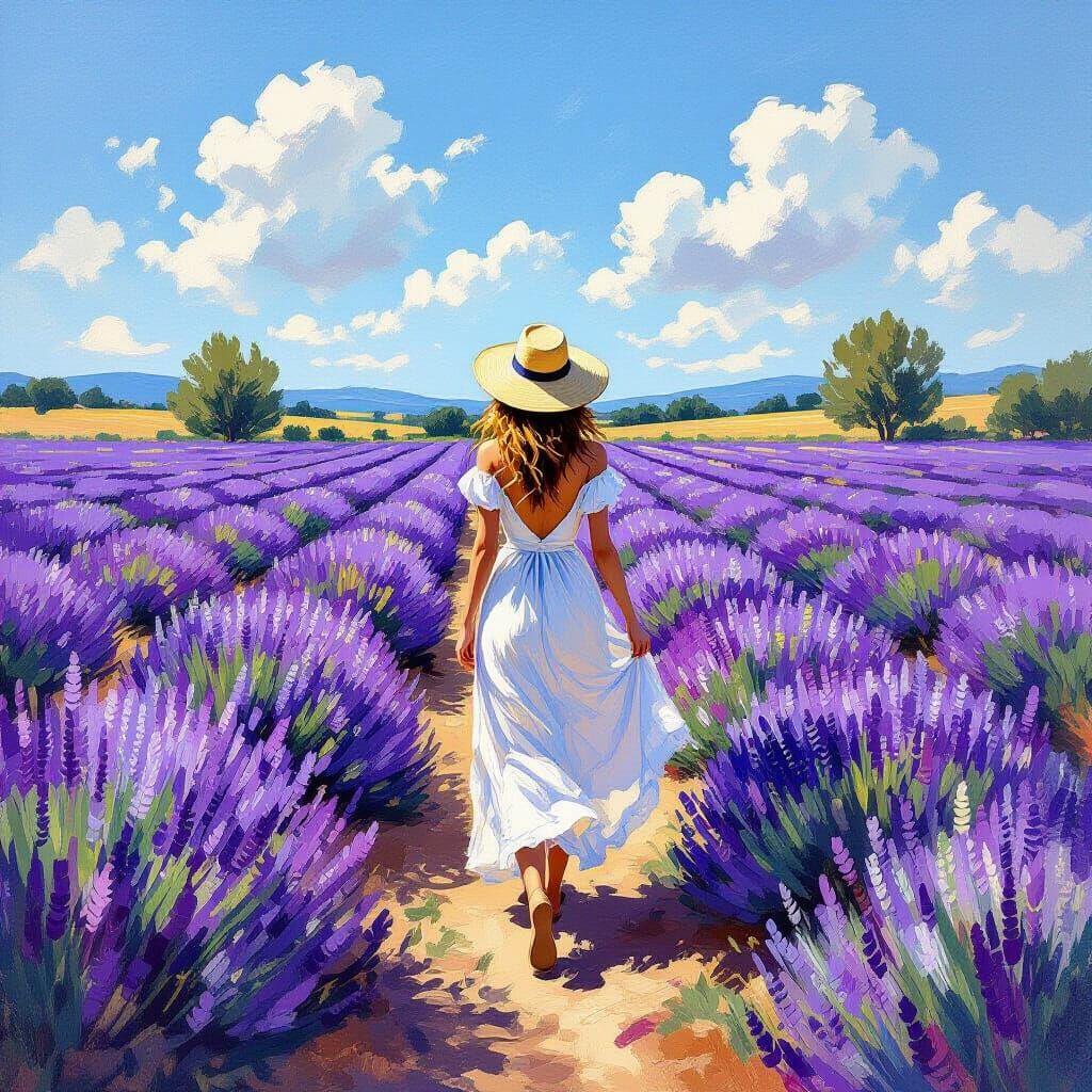 Woman in Lavender Orchard at Noon, Impressionist Style