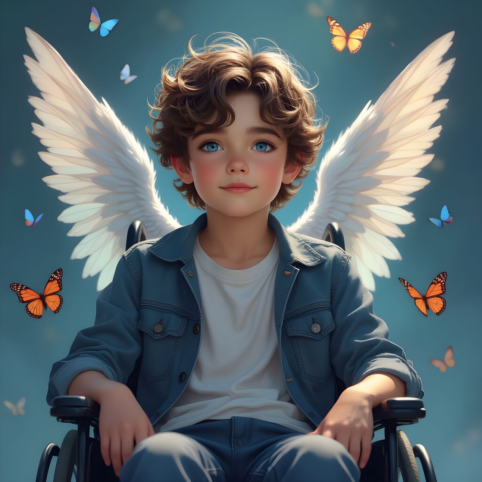 Boy with Angel Wings and Butterflies: Detailed Portrait
