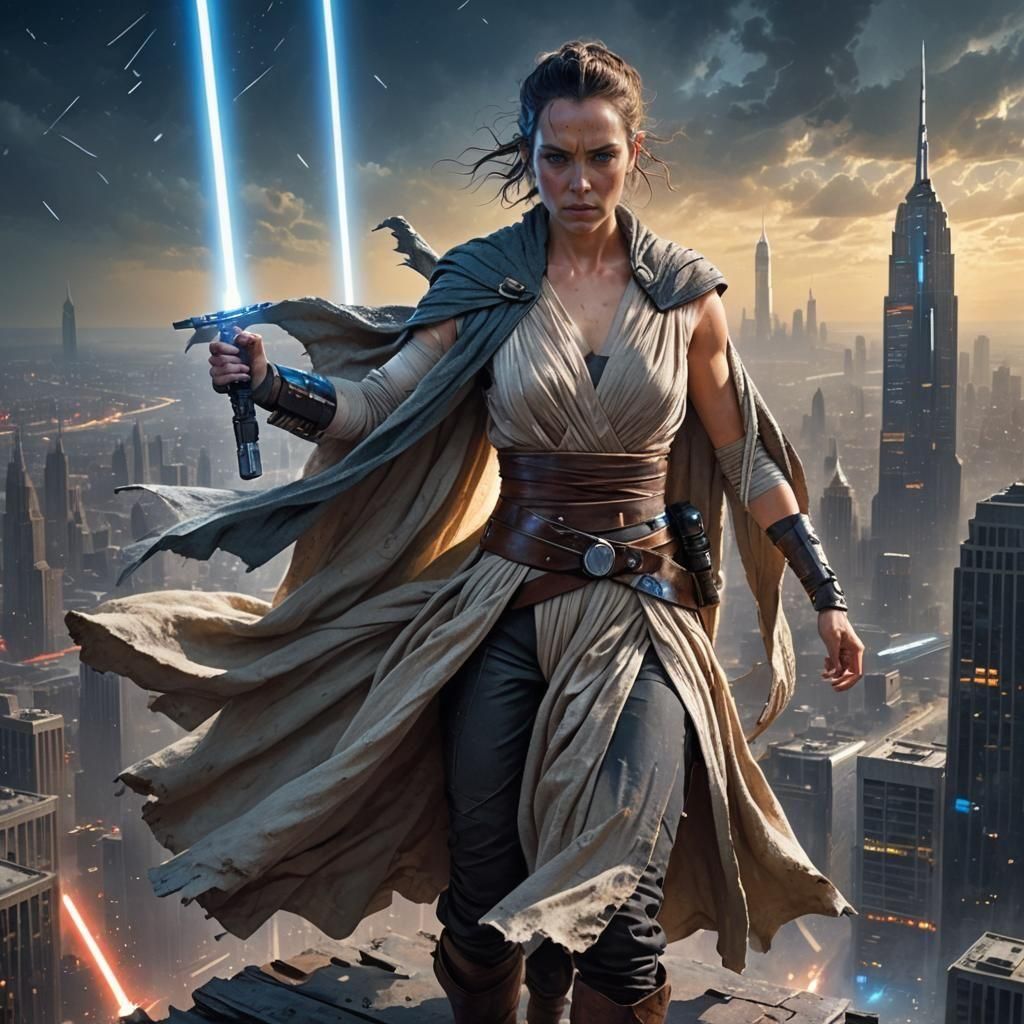 human thin but muscular female jedi like Rey Skywalker, ripped revealing robes, blue light saber, backround on top of bu...