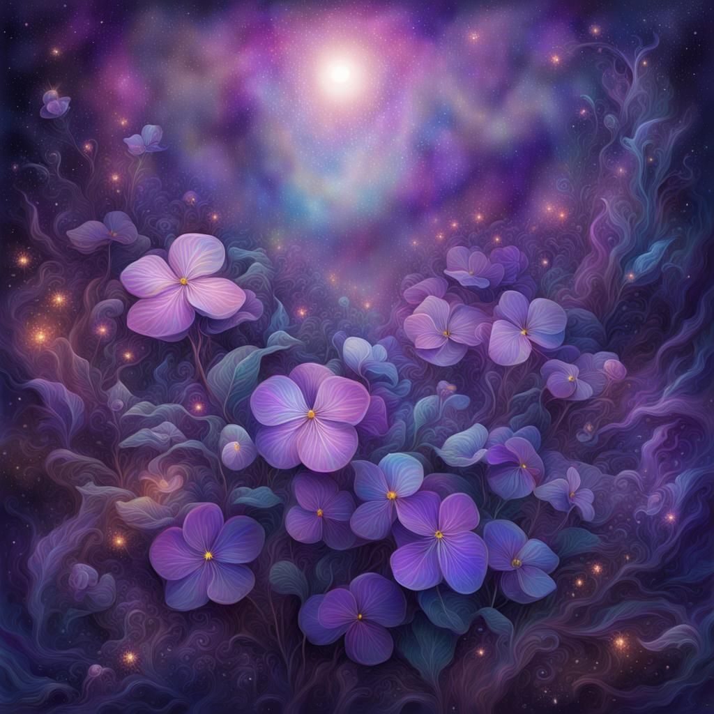 Violets in Night Mist: Cosmic Holographic Illustration