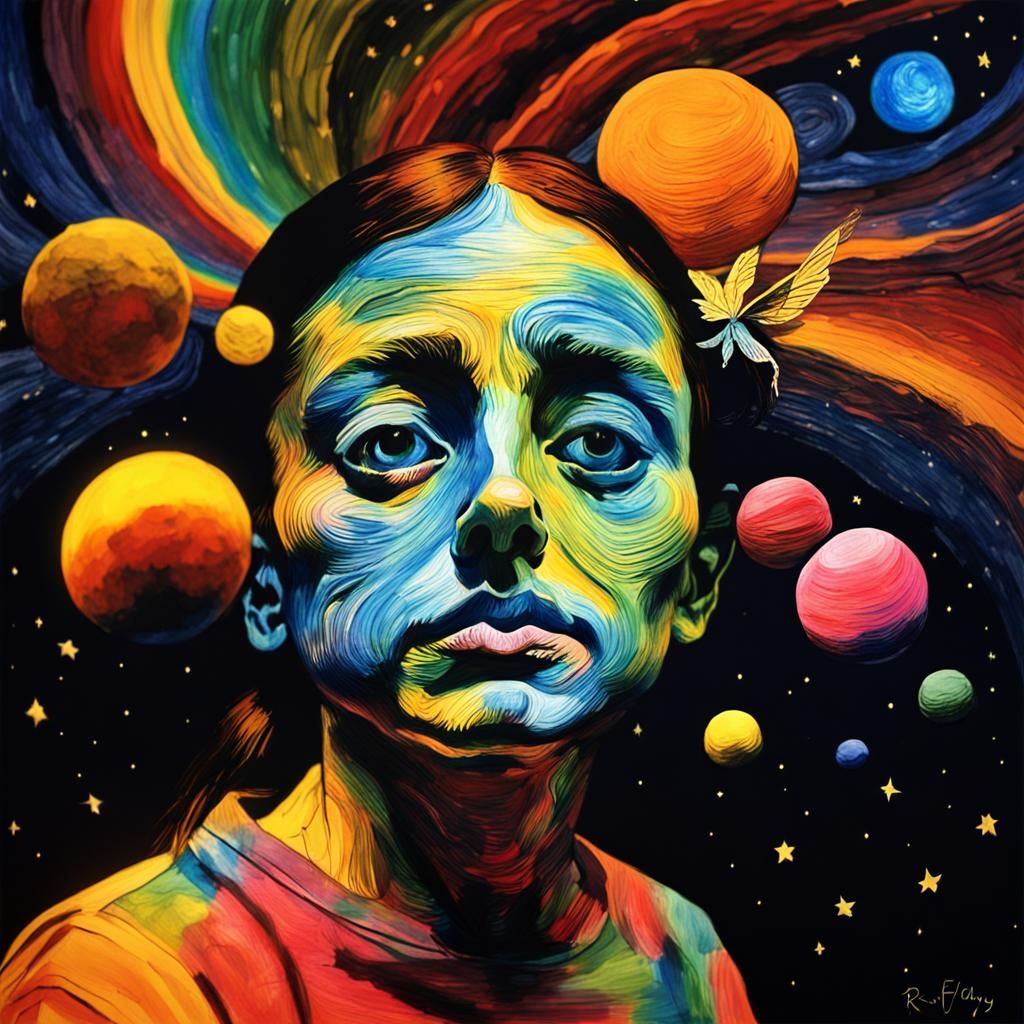 Child's Flight on Starry Night, Surreal Crayon Rayograph