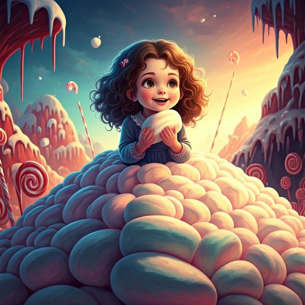 Joyful Girl Sits Amidst Whimsical Marshmallow Wonderland in ...