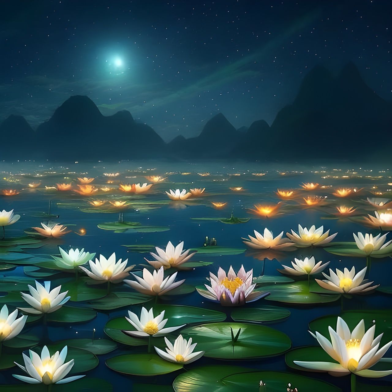 Night Sea of Luminous Water Lilies