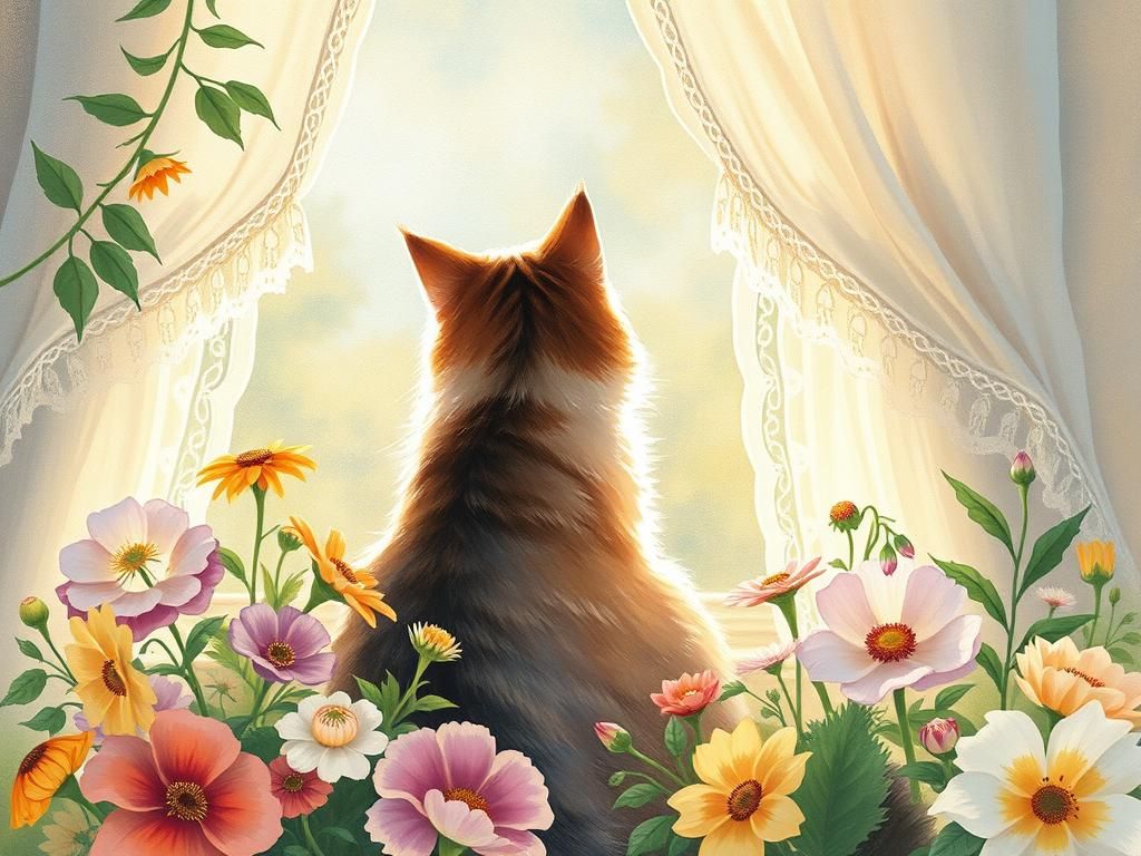 Cat in Floral Window: Whimsical Watercolor Art