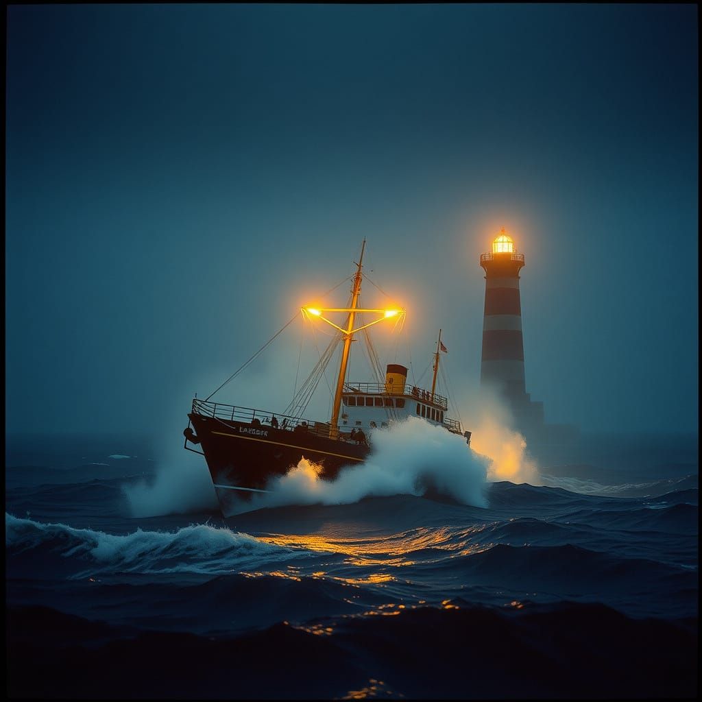 Dramatic Ship in Storm with Ruined Lighthouse