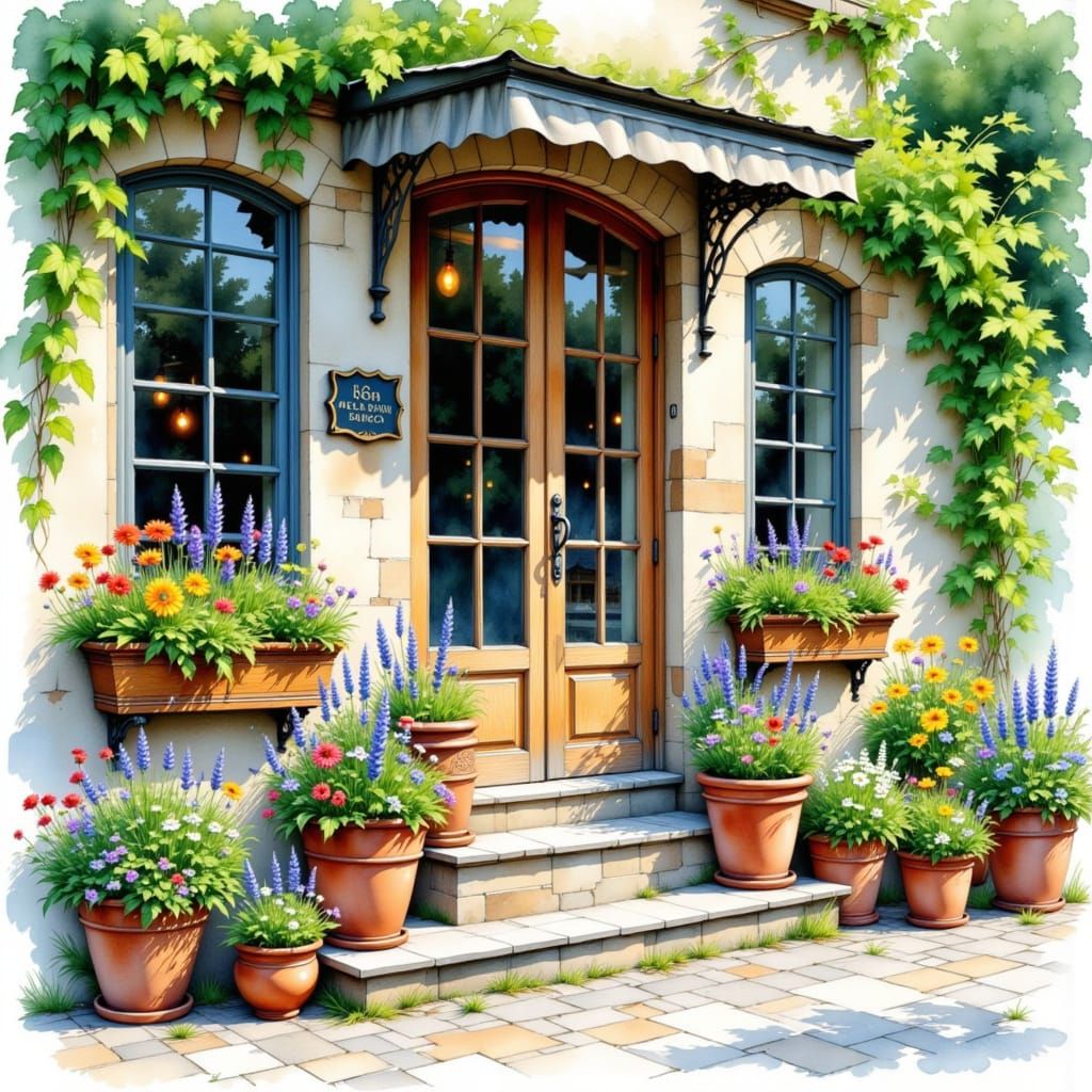 Charming Watercolor Cottage Entrance with Blooming Flowers