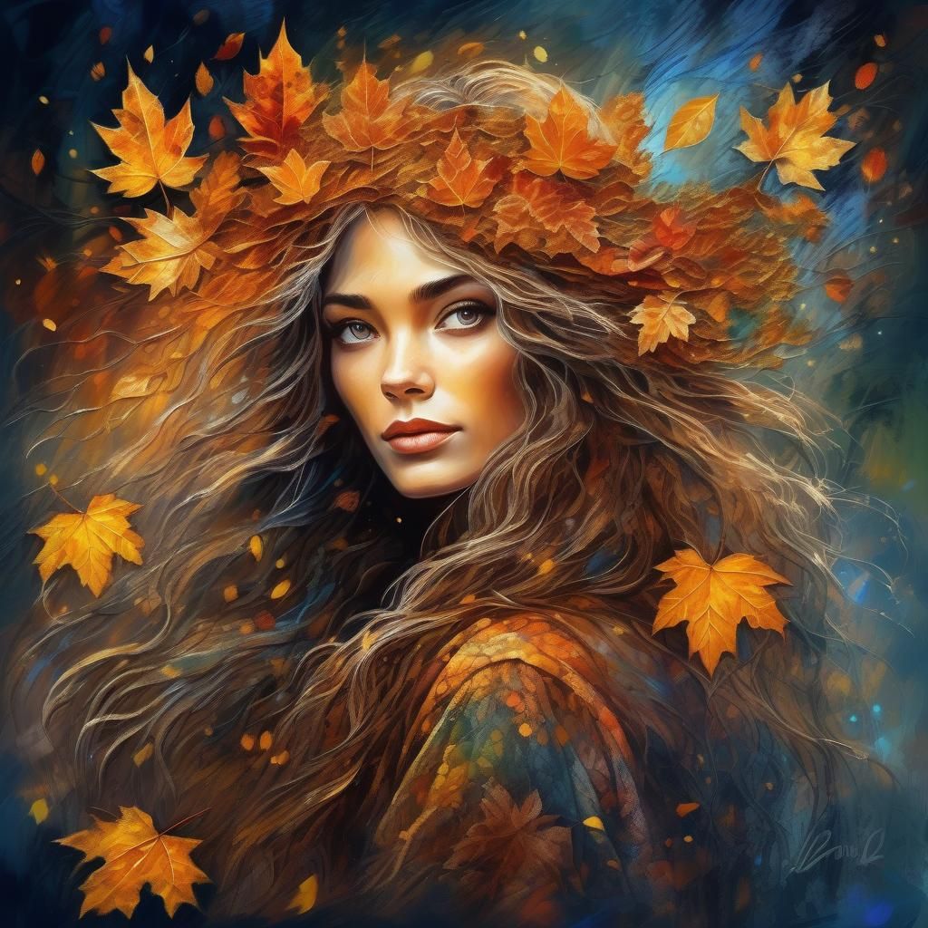 Autumn Woman with Leaves, Surreal Digital Art
