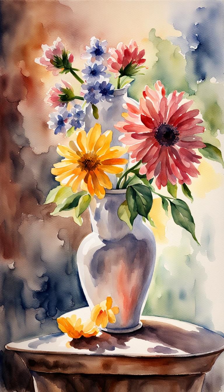 Detailed Watercolor Still Life of Flowers in Vase