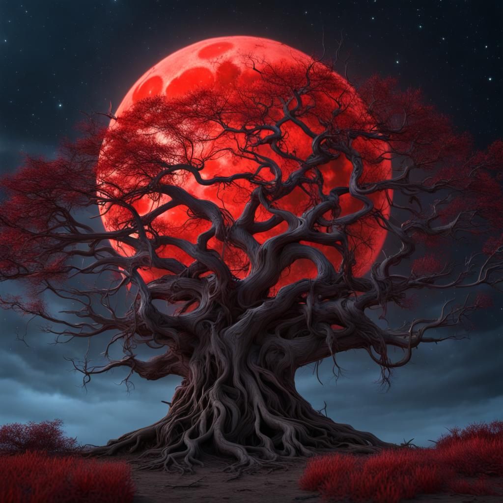 Red Moon Behind Leafless Tree: Fantasy Concept Art